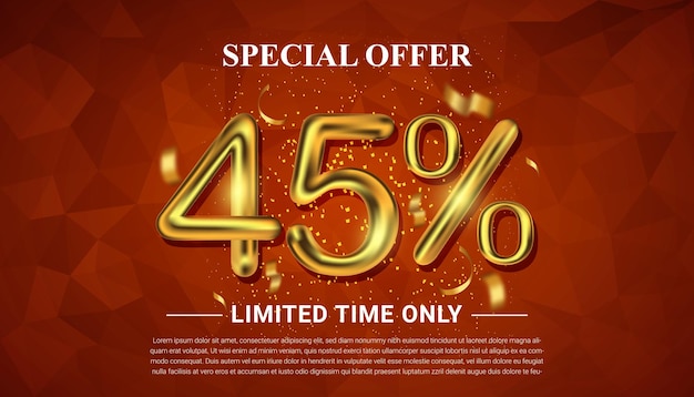 45 percent off selling voucher with 3d golden number vector