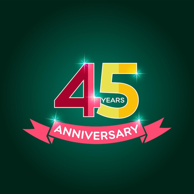 45 years anniversary logo with red ribbon icon flat 45th year's birthday party sign