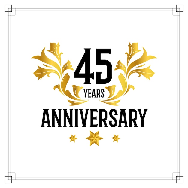 Vettore logo del 45° anniversario, lussuosa celebrazione del design vettoriale di colore dorato e nero.