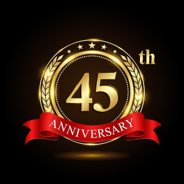 45th golden anniversary logo with shiny ring and red ribbon Laurel wrath isolated on black background vector design