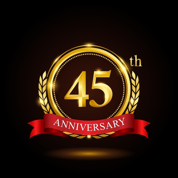 45th golden anniversary template design with shiny ring and red ribbon laurel wreath isolated on black background logo vector