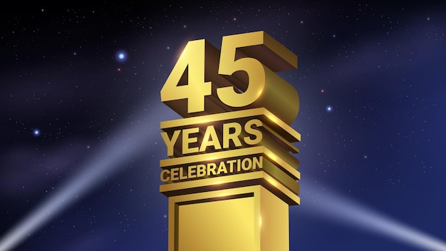 45th Years Celebration 3D Gold Statue with Spotlights Luxury Hollywood Light Vector Illustration