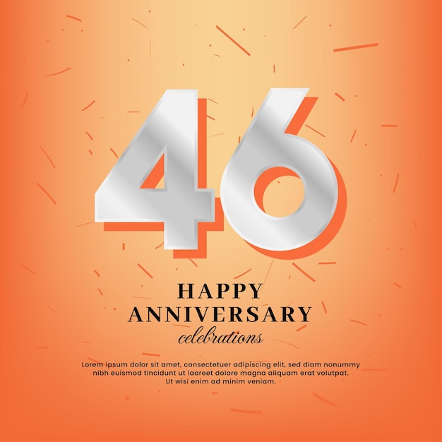 46e verjaardag vector sjabloon met een wit nummer en confetti verspreid op een oranje achtergrond