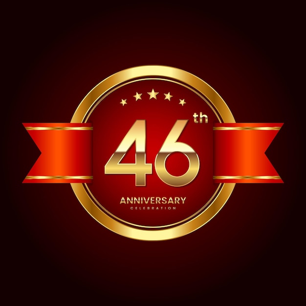 46th Anniversary logo with badge style Anniversary logo with gold color and red ribbon Logo Vector