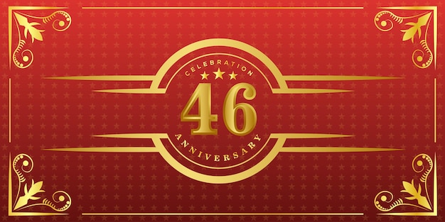 46th anniversary logo with golden ring, confetti and gold border isolated on elegant red background