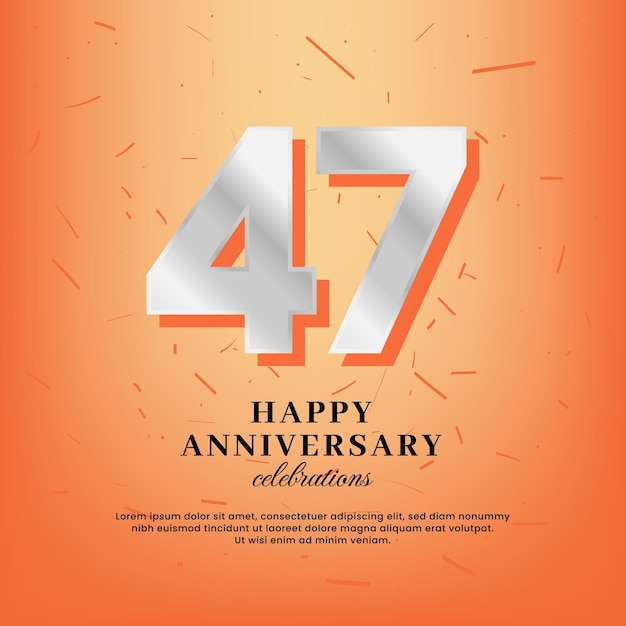 47th anniversary vector template with a white number and confetti spread on an orange background