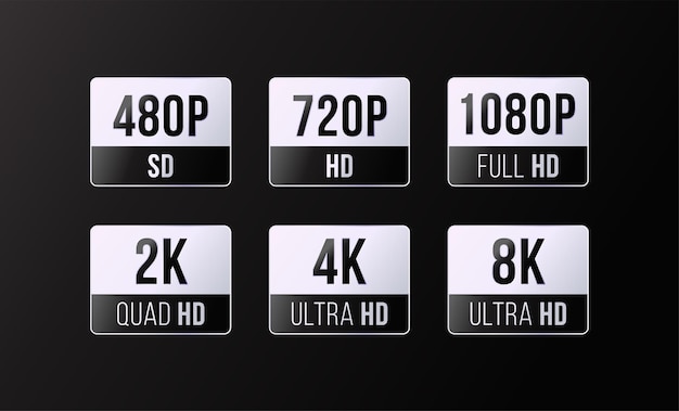 HDR 언급이 포함된 480p, 720p, 1080p, 2k, 4K, 8k Ultra HD 로고, 비디오 HDTV 실버 직사각형 스티커