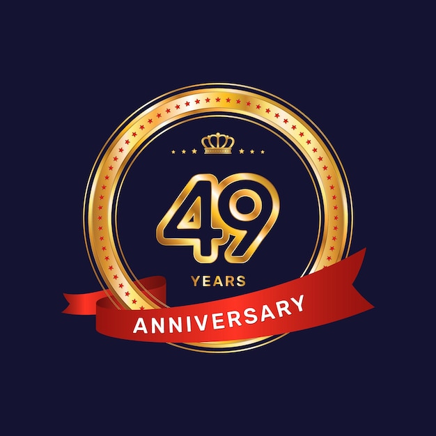 49 year anniversary logo with gold ring and red ribbon vector template