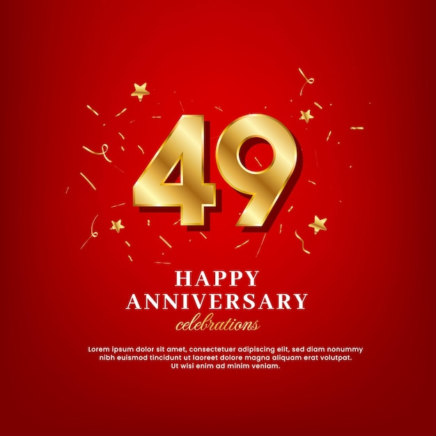 49 years of golden numbers anniversary celebrating text and anniversary congratulation text with golden confetti spread on a red background