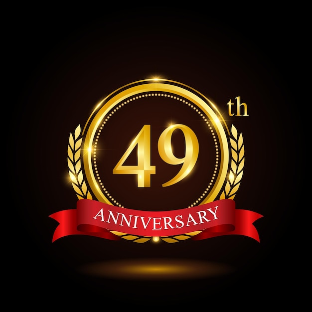 49e gouden jubileum sjabloonontwerp met glanzende ring en rood lint lauwerkrans geïsoleerd op zwarte achtergrond logo vector