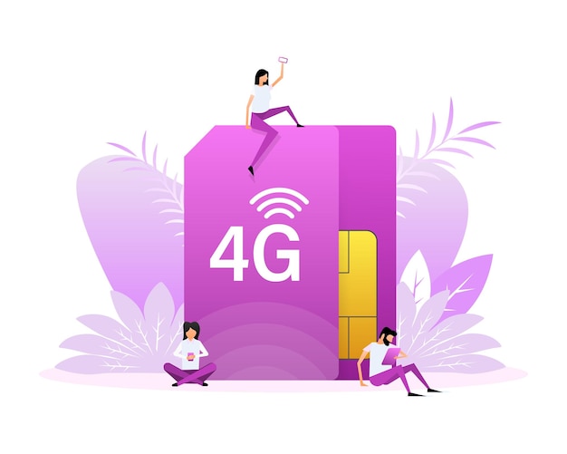 4g sim card 4g technology background flat style characters