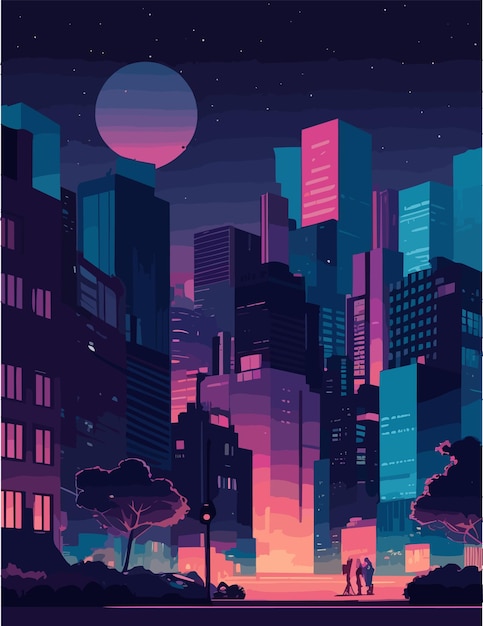 A 4k resolution flat illustration inspired by cityscapes at night vibe