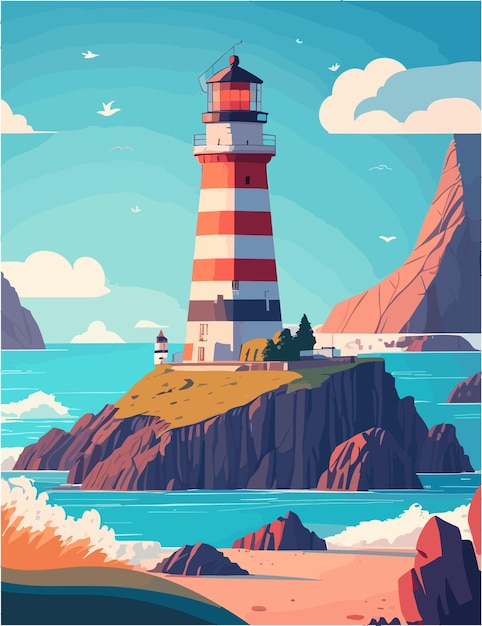 Vector a 4k resolution flat illustration of landscape of lighthouse