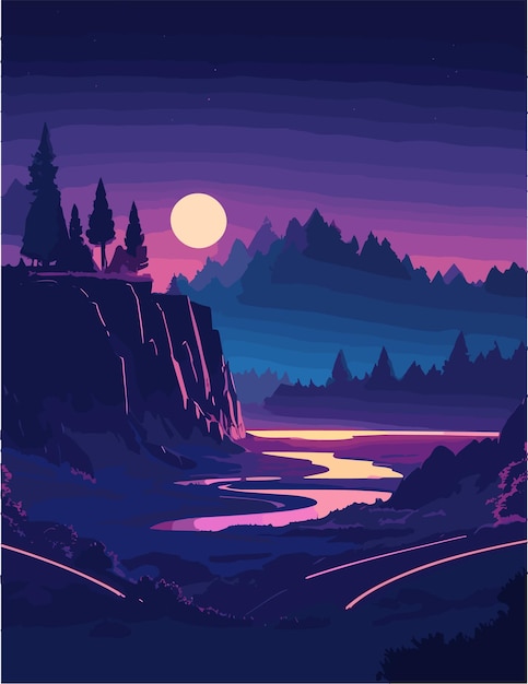 A 4k resolution flat illustration of landscape of night vibes