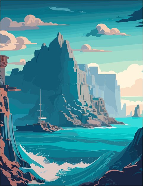 Vector a 4k resolution flat illustration of landscape of poseidon vibes