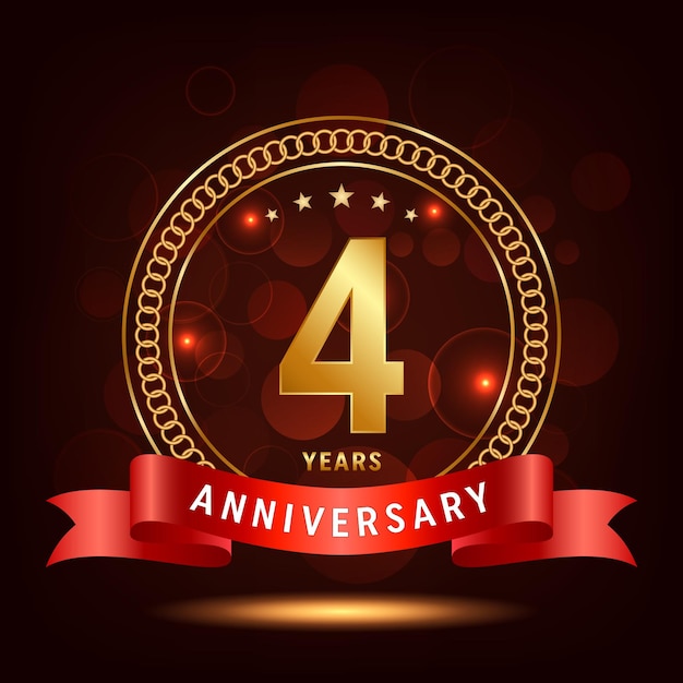 4th Anniversary Golden number with sparkling confetti and red ribbon Vector Template