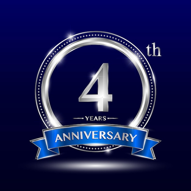 레트로 스타일의 4주년 로고 은색 숫자와 파란색 리본 벡터 디자인의 텍스트
