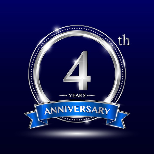 Vector 4th anniversary logo with retro style silver number and text with blue ribbon vector design