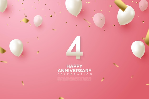 4th anniversary with illustration of white balloons flying.