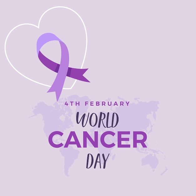 Vector 4th february world cancer day concept lavender ribbon with world map background