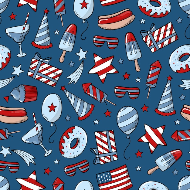 Vector 4th of july american doodles seamless pattern for textile print wrapping paper