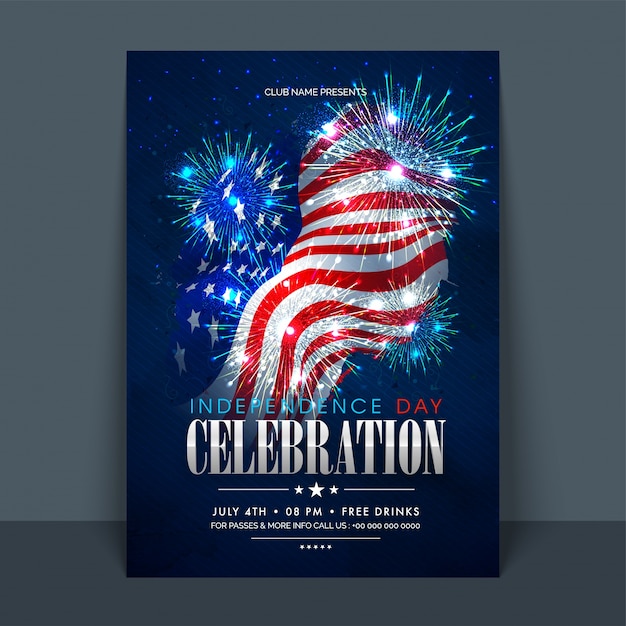 Vettore 4 luglio, la celebrazione del giorno dell'indipendenza americana flyer, banner, modello o invito con bandiera nazionale e fuochi d'artificio scintillanti.