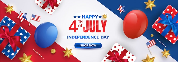 4th of July celebration poster. Independence day USA sale promotion banner template with red, white and blue balloons and gift boxes.  