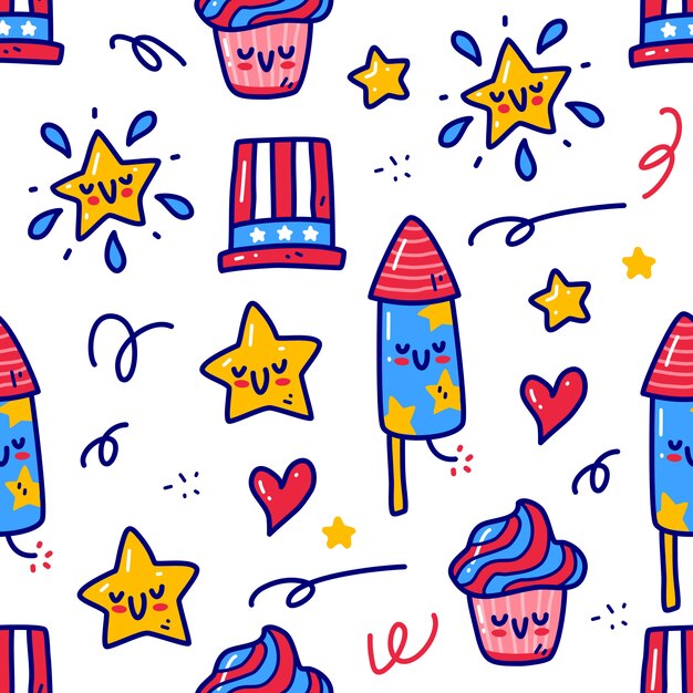 4th of july element in doodle style seamless pattern