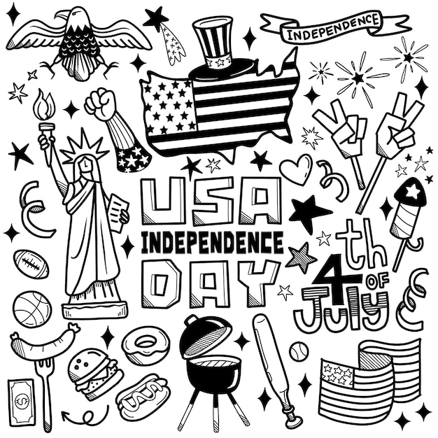 4th of July Fourth of July doodle set USA independence day celebration poster Hand draw doodle background Vector illustration