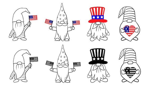 Vector 4th of july gnome with flag heart and in hat