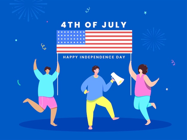 Vector 4th of july happy independence day concept with people holding american flag banner against blue confetti background