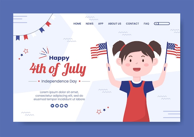 4th of July Happy Independence Day USA Landing Page Social Media Template Vector Illustration