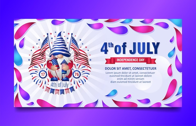 Vettore 4 luglio striscione del giorno dell'indipendenza con graziosi gnomi ragazza palloncini e fuochi d'artificio illustrazione vettoriale