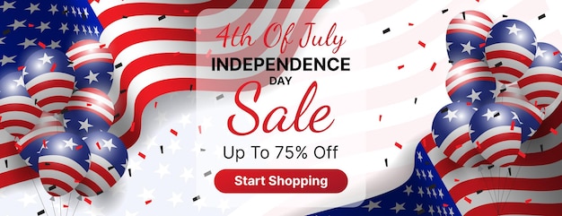 Vector 4th of july independence day sale banner design with american flag confetti and balloons