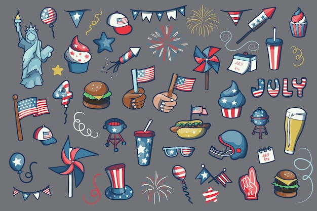 Vector 4th of july, independence day of the united states of america celebration themed doodle drawings