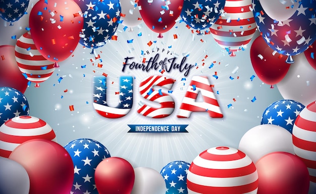 7월 4일 미국 국기 패턴 풍선과 3d 레터링이 있는 미국 독립 기념일 디자인