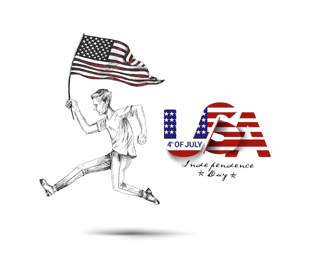 7月4日アメリカの国旗と一緒に走っている男アメリカ独立記念日