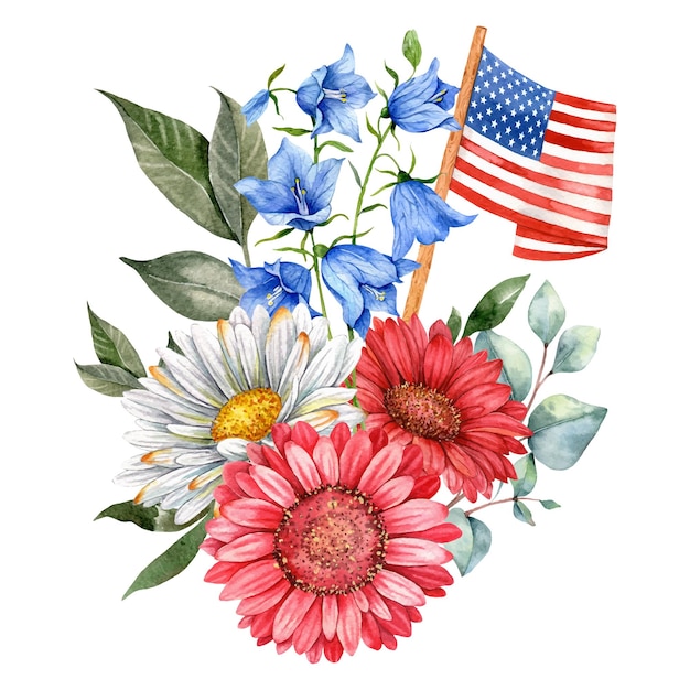 4th of July Patriotic Concept Independence Day design element Hand Painted Floral Watercolor