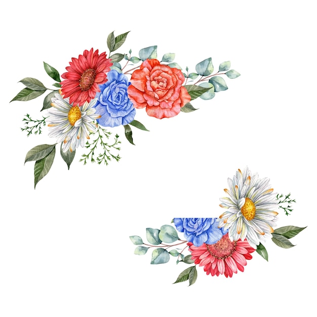 4th of July Patriotic Concept Independence Day design element Hand Painted Floral Watercolor