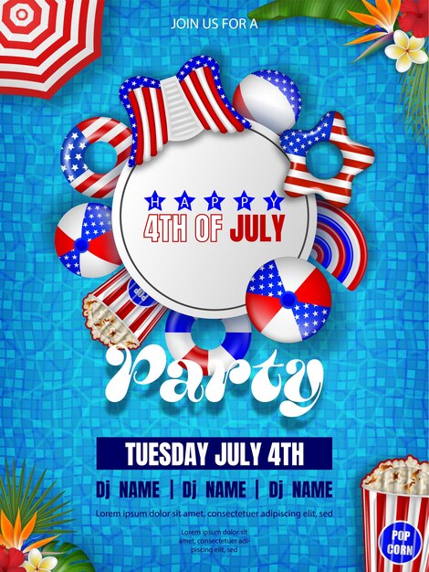 4th of july pool party poster american independence background with inflatables on pool water