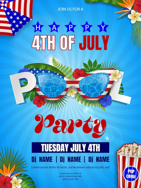 Vettore 4 luglio festa in piscina poster sfondo di indipendenza americana con occhiali da sole e gonfiabili