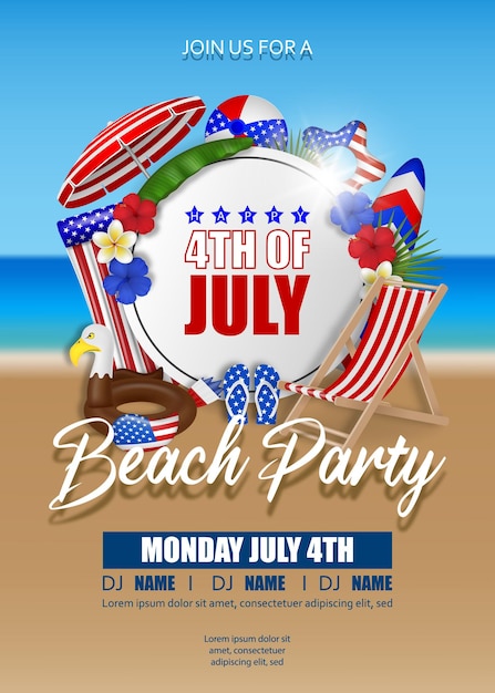 ビーチの背景に夏の要素を持つ7月のポスターの4日アメリカ独立ビーチパーティー