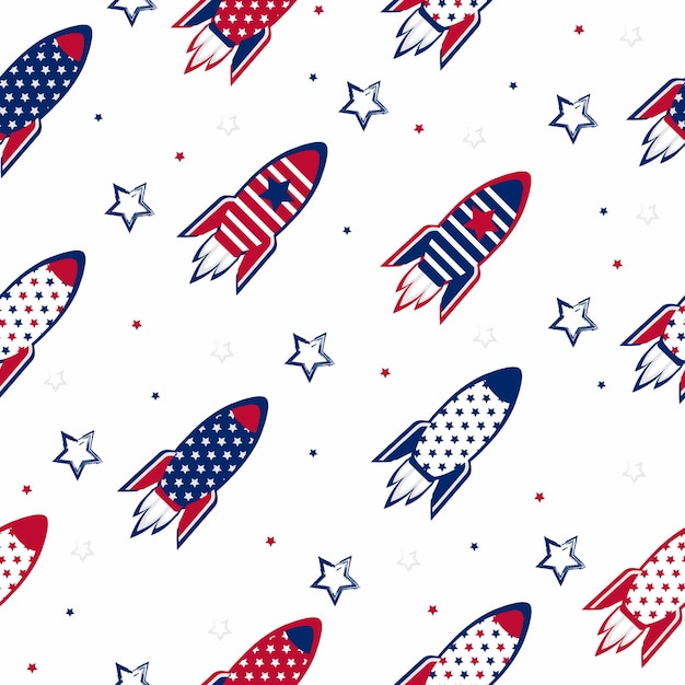 4th of July seamless pattern rocket and stars on white background independence day backgrounds