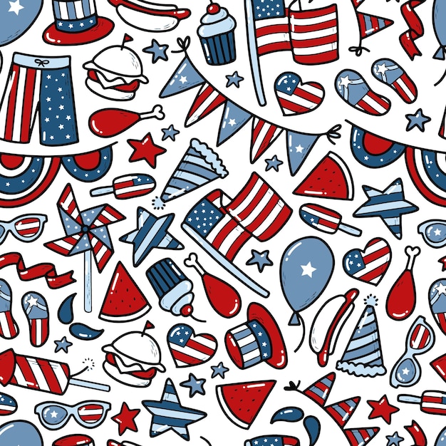 4th of July seamless pattern with doodles