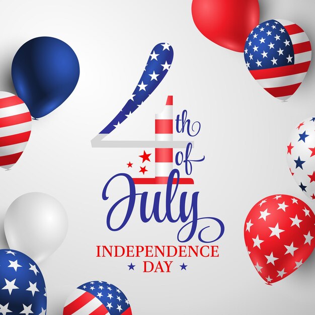 4th of July template card with balloons and sign Independence Day in USA