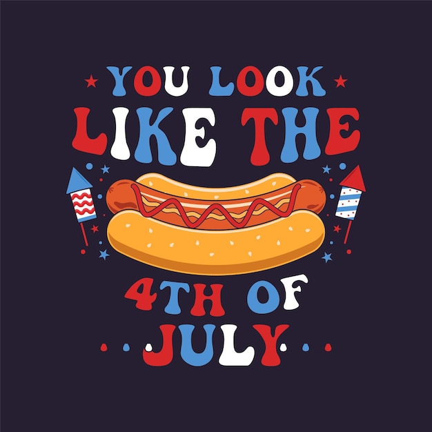 7월 4일 타이포그래피 디자인 7월 4일과 핫도그 독립 기념일 클리파트 7월 4일 서예 문자 컴포지션 티셔츠용 벡터 엠블럼