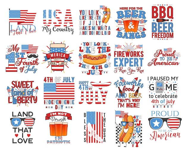 4th of July typography designs set with quotes and elements hot dog flags US Independence Day cliparts Fourth of July calligraphy lettering compositions Vector emblems for tshirt isolated