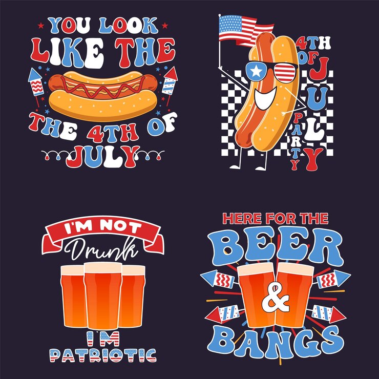 4th of July typography designs set with quotes and elements hot dog flags US Independence Day cliparts Fourth of July calligraphy lettering compositions Vector emblems for tshirt