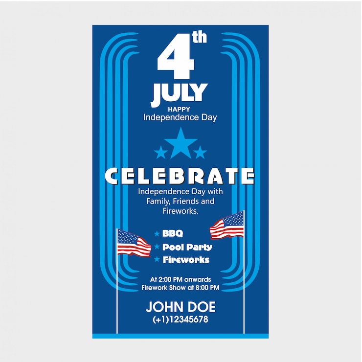 Vector 4th of july us independence day invite template with bbq, pool party and fireworks attraction.