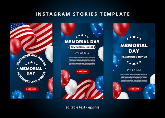 Vettore modello di storie del giorno della memoria degli stati uniti del 4 luglio modello di storie di instagram imposta testo modificabile